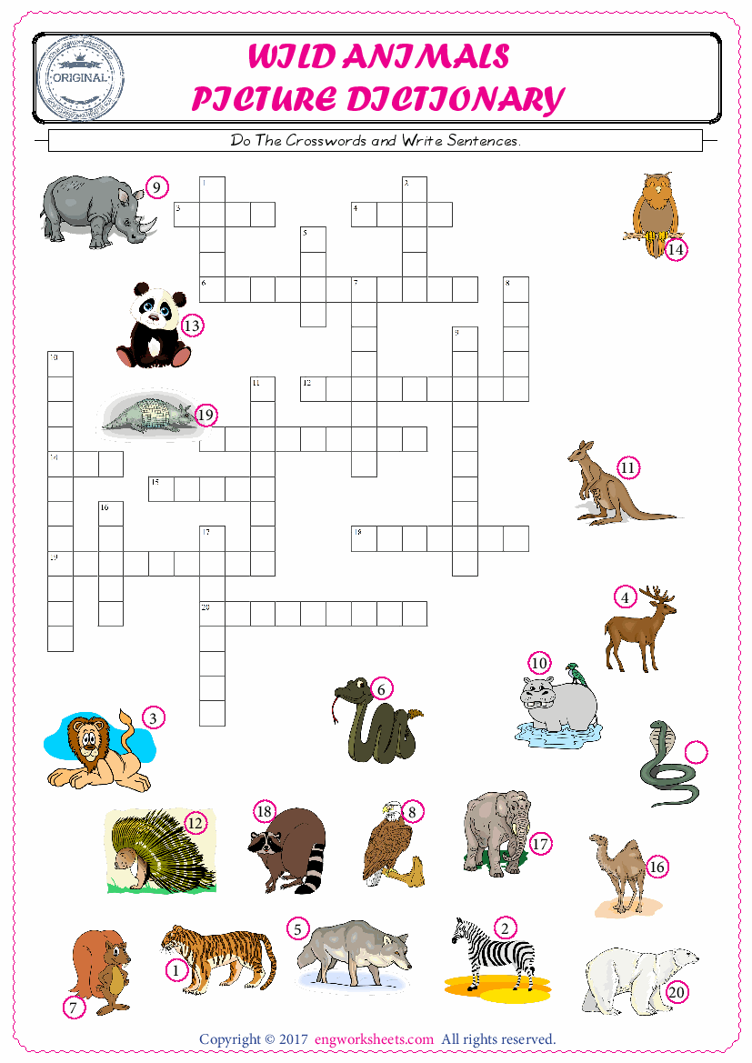  ESL printable worksheet for kids, supply the missing words of the crossword by using the Wild Animals picture. 